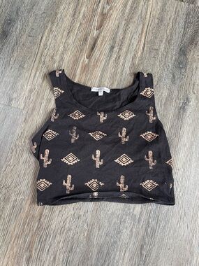 Charlotte Russe Black Crop Tank with Tan Cactus Print